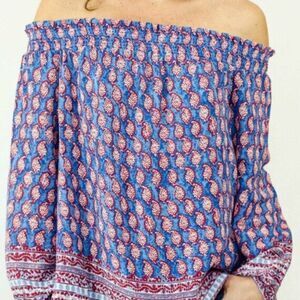 beachlunchlounge Women's Blue/Red Peasant Boho Off The Shoulder Blouse Size M